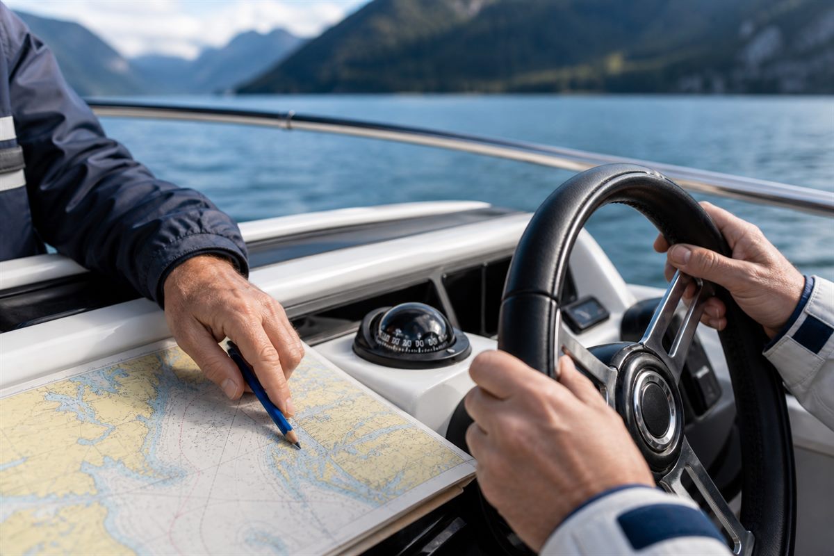 Navigation an Bord: Seekarte, Kompass und Steuerrad eines Motorboots